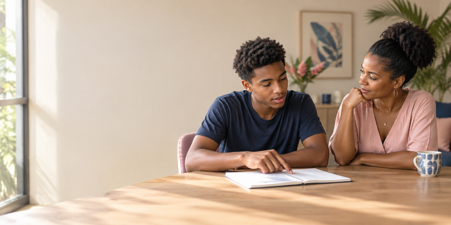 Un jeune homme et une femme consultant un carnet ouvert ensemble à une table