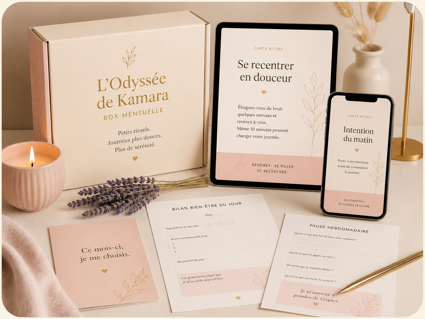 Cartes rituels, fiches et bougie de L'odyssée de Kamara Tikva