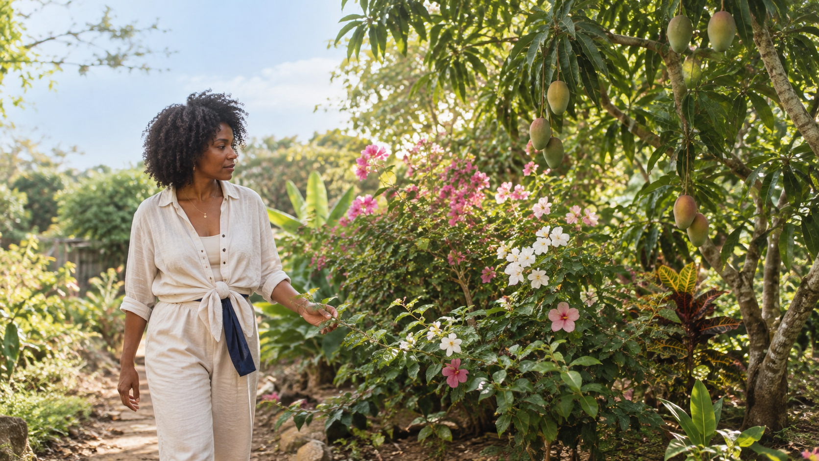 Femme en tenue blanche marchant dans un jardin ensoleillé et fleuri