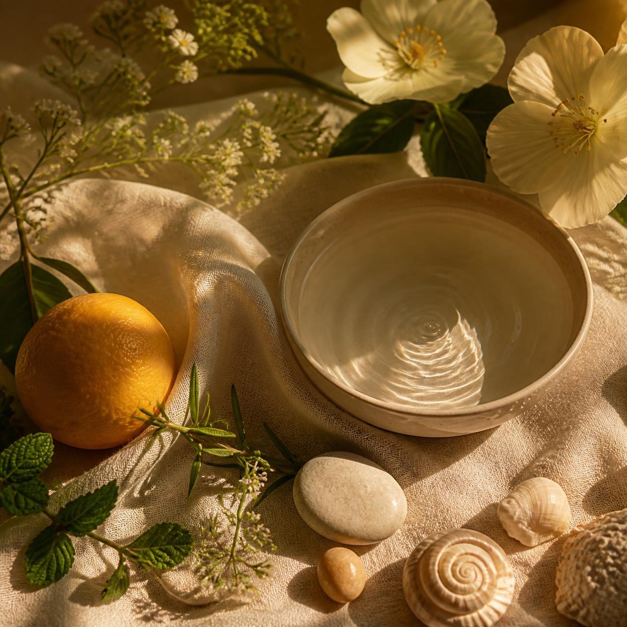 Nature morte lumineuse : un bol d'eau, une orange, des coquillages, des fleurs blanches et des feuilles de menthe posés sur un tissu crème baigné de lumière dorée