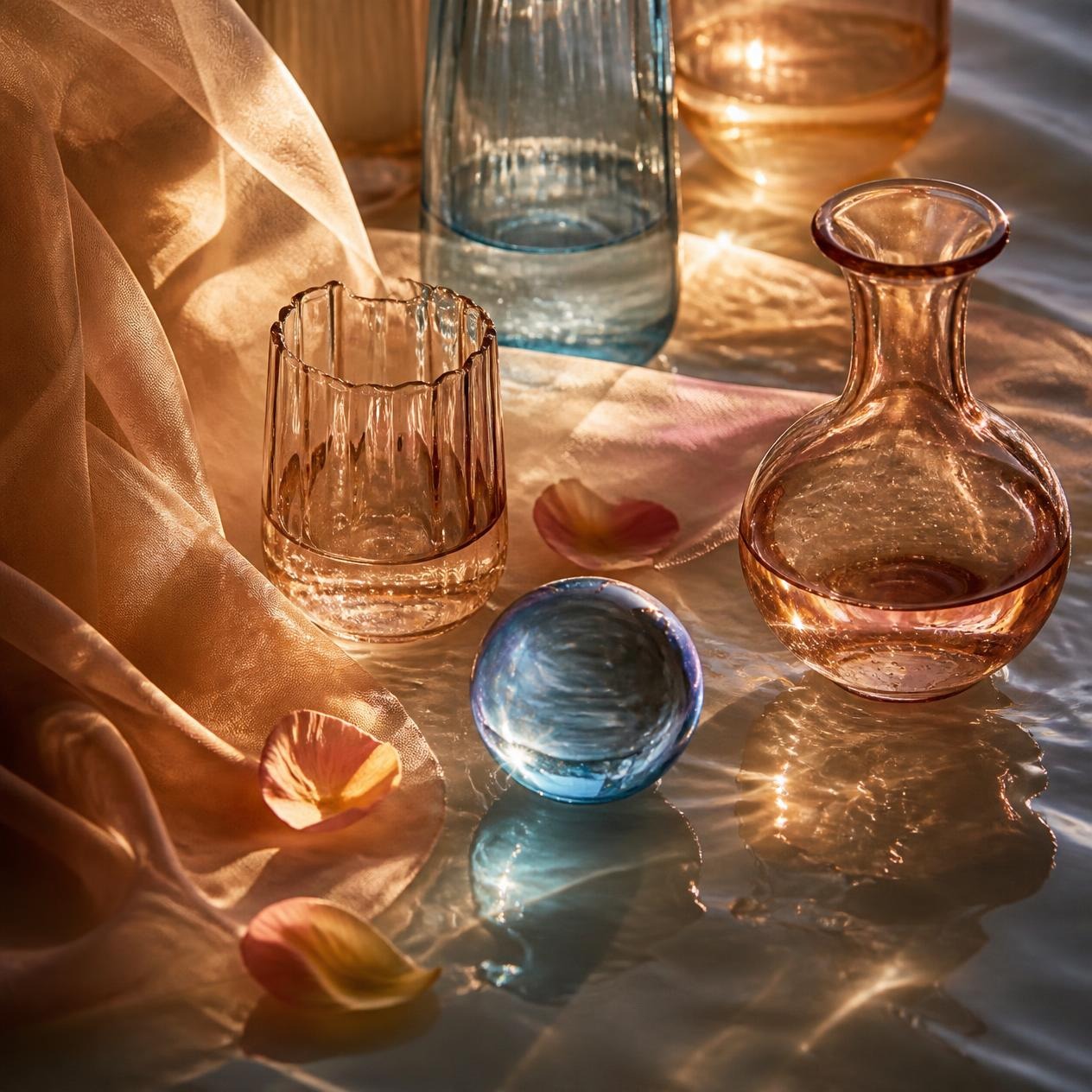 Verrerie délicate aux teintes rose et bleue posée sur une surface brillante, avec des pétales et des reflets de lumière douce