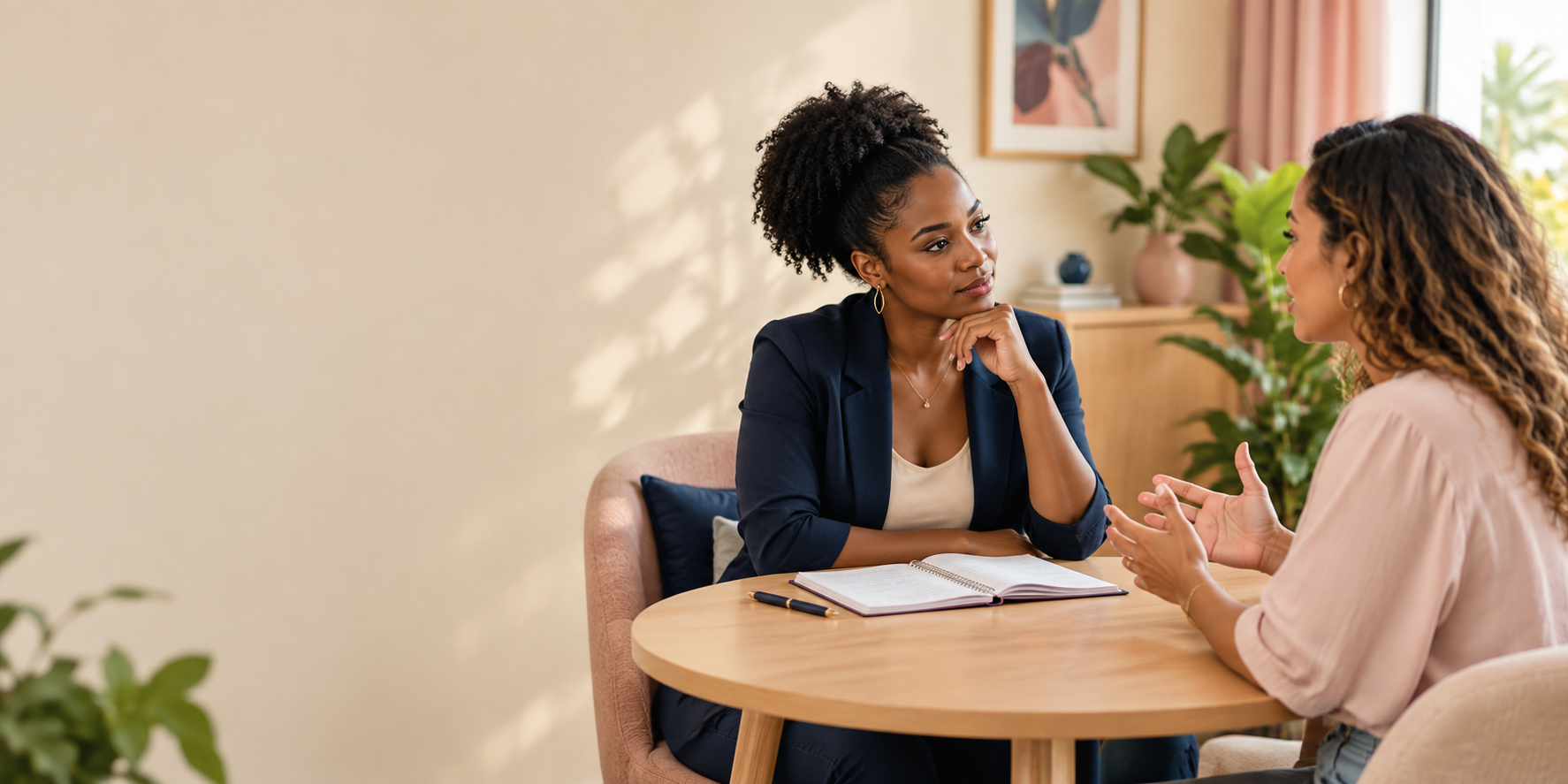 Deux femmes échangeant à table lors d'une séance de coaching